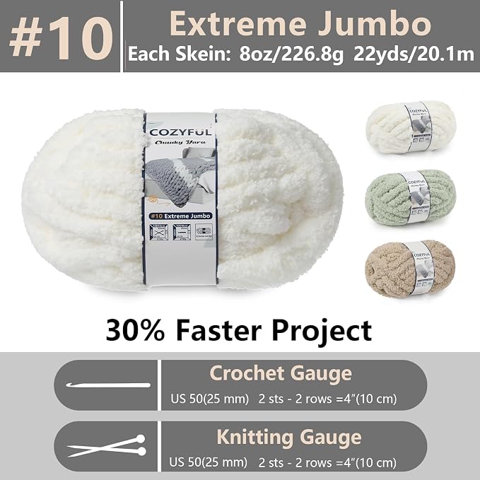 Cozyful Chunky Yarn for Hand Knitting - #10 Chunky Chenille Yarn, Jumbo Big Thick Chunky Yarns for Crocheting, Super Bulky Chunky Knit Blanket Yarns, 8 Skein (22yd, 8oz/Skein), Cream & Sage & Khaki