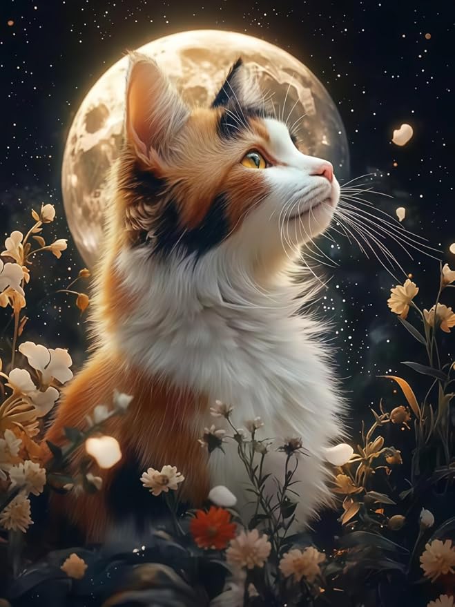 Moon Cat 5D Diamond Painting Kit, Wildflower Diamond Art for Adults | Full Round DrillDiamond Dots Kits Gem Arts DIY Crafts for Home Wall Deco Present Cat Lovers12x16inch