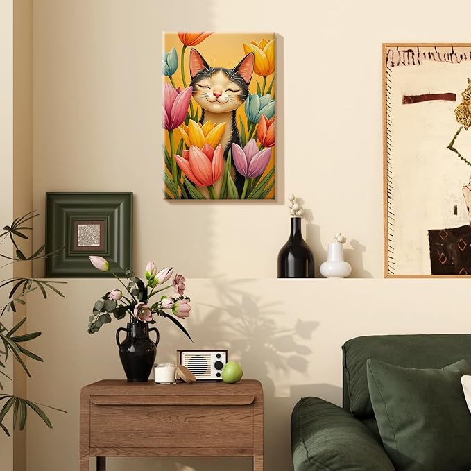SparkGlow Cat and Flowers Adults Paint by Numbers Kit with Frame | 12×8 Inch Framed Number Painting | Premium Materials | Include Easel | Rich Colors | Gifts |Wall Decoration