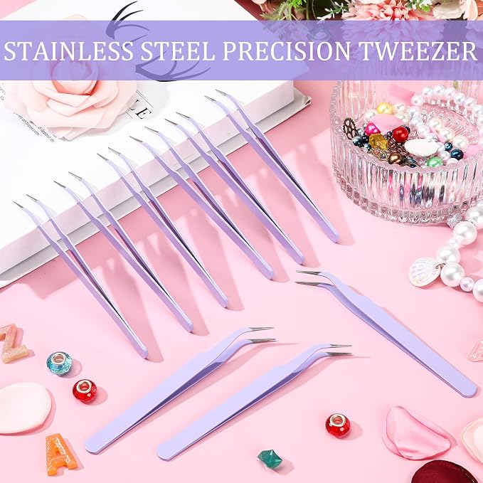Honoson 9 Pcs Curved Pointed Craft Tweezers Precision Tweezer,Purple
