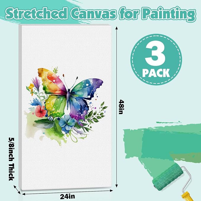ESRICH Long Canvas for Painting 24x48 Inch, 3Pack Stretched Canvas for Painting, Primed Acid-Free Cotton Rectangular Blank Canvases, Art Paint Canvases for Oil,Watercolor,Acrylic Paint,Gouache