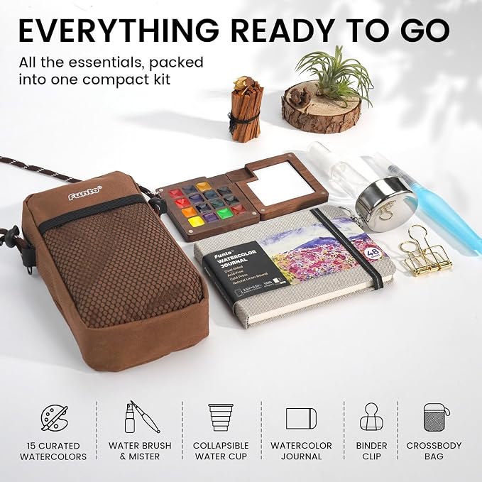 Funto Mini Watercolor Travel Set, All-In-One Walnut Wood 15 Colors Pocket Travel Paint Kit, with Crossbody Bag, Watercolor Journal, Metal Clip, Paint Water Cup, Water Brush Ideal for Art Lovers