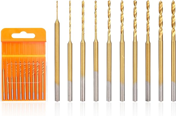 Uolor Mini Twist Drill Bit Set, 10Pcs Micro Engraving Drill Bits, 0.6mm-2.2mm, HSS 2.35mm Shank Titanium Coated Tiny Drill Bit Hole Drilling Tool for DIY Resin, Jewelry, Amber, Circuit Board, Walnut