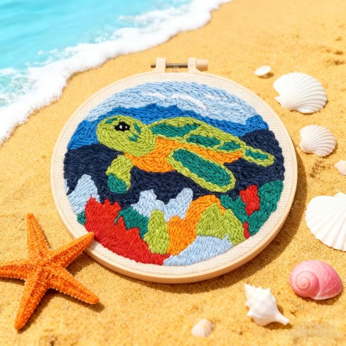 DIY Punch Needle Kits Green Sea Turtle with Hoop 20x20cm-5 | with Pattern Stamped Easy for Beginners Embroidery Punch Needle Starter Craft Set for Adults Festival Gift and Decoration