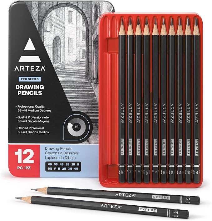 ARTEZA Drawing Sketch Pencils Set of 12, Graphite Pencils 6B to 4H, Pre-Sharpened Art Pencils in Metal Tin for Sketching, Shading, Drawing, Blending, and Detail Work | Pre-Sharpened Wooden Barrels, Metal Tin Included, For Shading, Blending, Outlining, ...