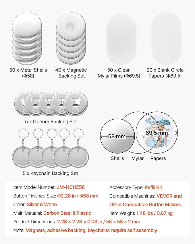 VEVOR Button Maker Supplies 50 Sets 2.25 in / 58 mm Refrigerator Magnets, Bottle Openers, and Keychains Button Parts with Backs, Shells, Clear Mylar Films, and Blank Circle Papers, for Home DIY