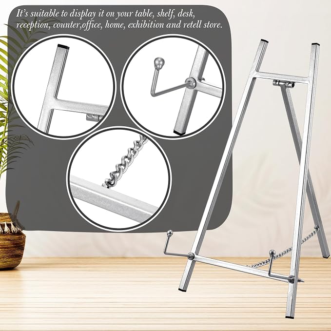 Leinuosen Metal Easel Stand 16.5" H x 8.7" W x 4.3" D Table Top Easel Stand for Display Tripod Art Picture Mirror Modern Plate Holder for Display Book Photo Wedding Sign(Silver)