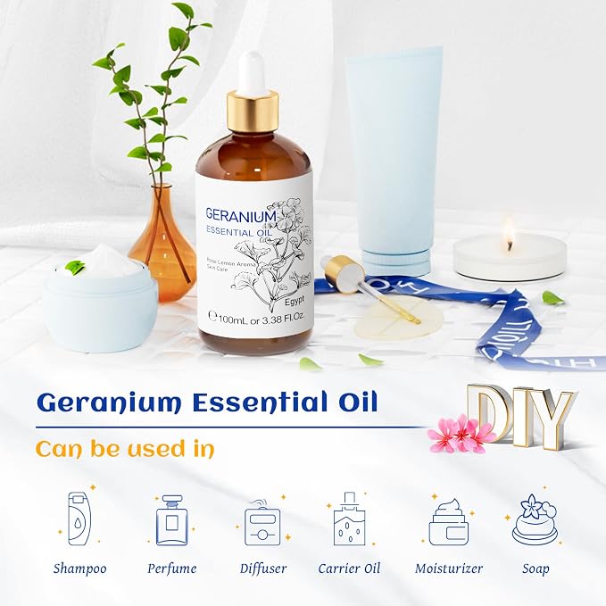 HIQILI Geranium Essential Oil for Skin Care & Aromatherapy diffusing