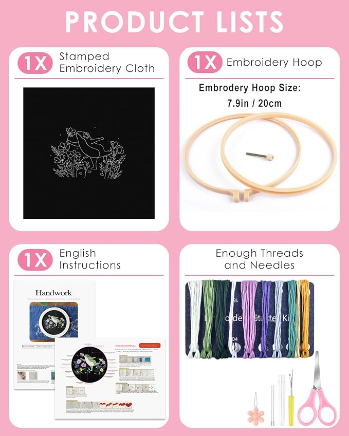 TINDTOP Embroidery Kit for Beginners Adult, Frog Embroidery Kit | Include Embroidery Cloth Hoops Threads for Craft Lover Hand Stitch with Embroidery Skill Techniques
