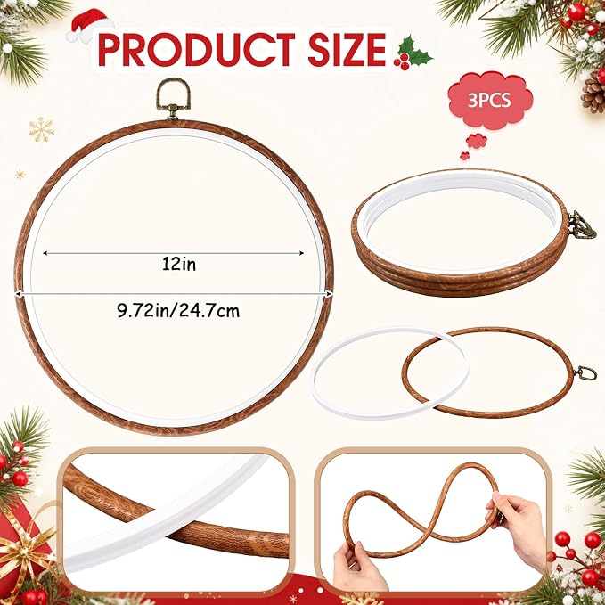 Burbell 3 Pcs 8.7 Inch Pcs Spring Round Embroidery Hoops Frame Circle Rubber Hoops Ring Display Cross Stitch Ornament Imitated Wood Frame Kits for Christmas in July Craft Sewing DIY Hanging Gifts