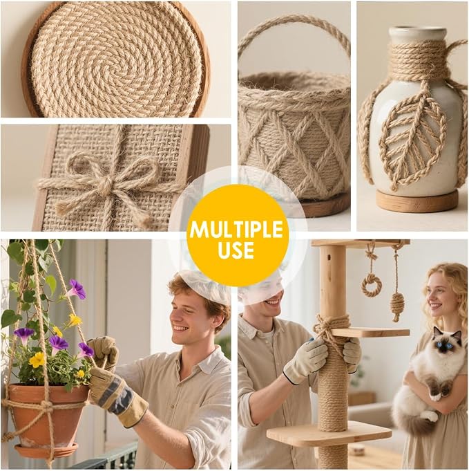 Jute Rope 10MM x 50FT Heavy Duty and Thick Twine Rope for Crafts Projects Gardening Bundling Cat Scratcher Scratching Post Tree Gift Wrapping Home Christmas Decoration (Brown 10mm* 50ft)
