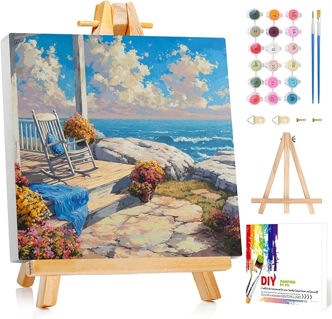 Framed Paint by Numbers Kit for Adults Beginner & Kids Ages 8-12 Beach Adult Paint by Number Kits on Canvas with Easel Landscape Painting by Numbers for Adults with Frame DIY Painting Kits 8x8 Inch