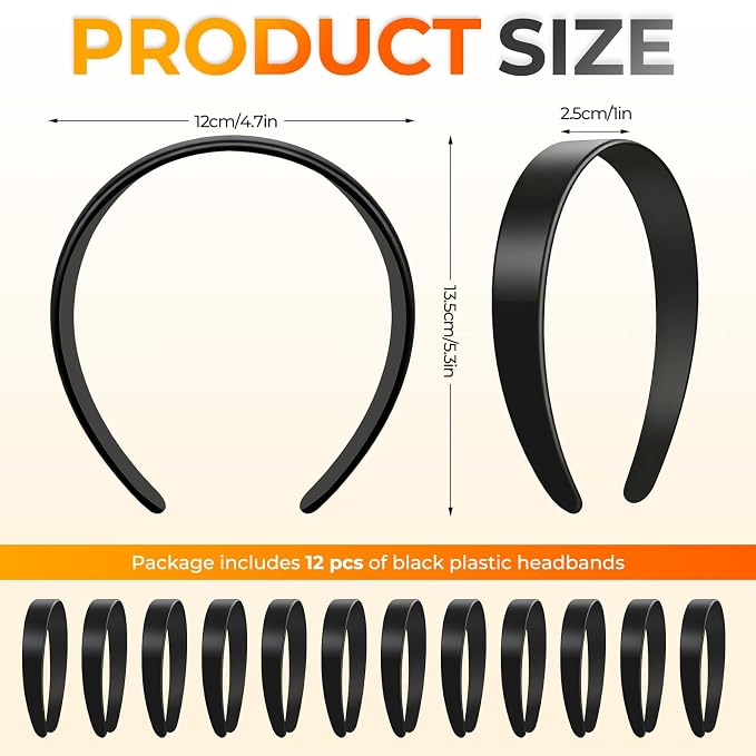VOKOY 12 PCS Black Plastic Headbands, 1 Inch Wide No Teeth Hair Bands for Girls & Women, Blank DIY Plain Headbands for Crafts