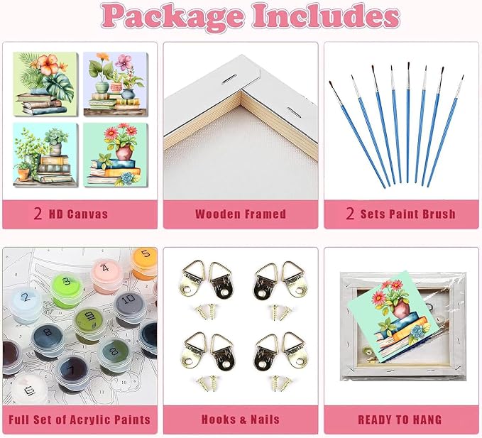 Fotasmua 4 Pack Framed Paint by Numbers for Adult, Book Paint by Numbers Kit for Adults Kids, DIY Flowers Plant Acrylic Painting on Canvas for Home Wall Art Decor 8 x 8 Inch
