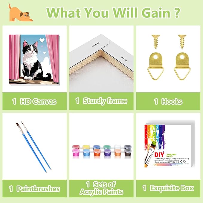 Cat Paint by Numbers Kit for Kids with Frame - Cute Cat Paint by Number for Kids, Cats Kid Painting by Number Kits Age 6-8 for Home Wall Decor 8X8inch (with Wooden Easel)
