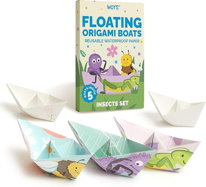 WOYS Floating Origami Boats | Insects Set | Waterproof Reusable Paper | Screen-Free DIY Arts & Crafts Activity & Gift | 5 Sheets | Bath, Pool & Indoor Play