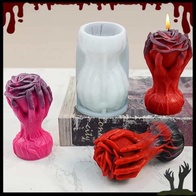 Halloween Candle Molds, Ghost Hand Holding Rose Mold Gothic Style | Candle Silicone Molds for Epoxy Resin Casting, Halloween Home Decoration, Pillar Plaster, Soap Making, Craft Handmade Gift