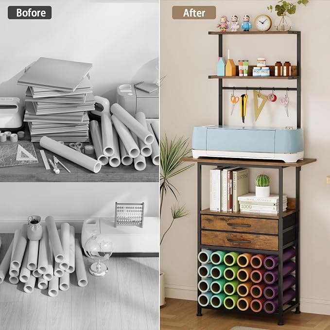 VENNQD Craft Organizers and Storage Cart with Fabric Drawer, Craft Table for Cricut Machines, 4 Tiers Crafting Desk Vinyl Roll Holder, Crafting Table Workstation for Craft Room Home, Rustic Brown