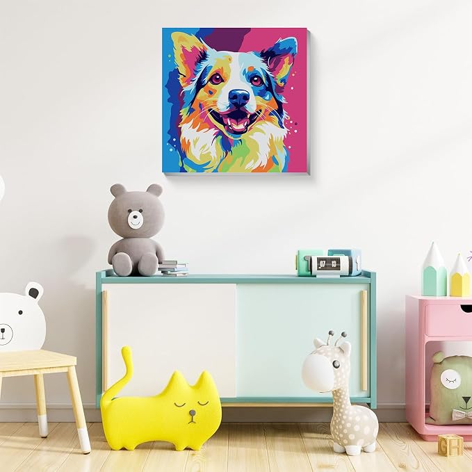 ajepon Dog Paint by Numbers Kit for Kids with Frame - Dog Paint by Number for Kids, Kid Painting by Number Kits Age 6-8 for Home Wall Decor 8X8inch (with Wooden Easel)