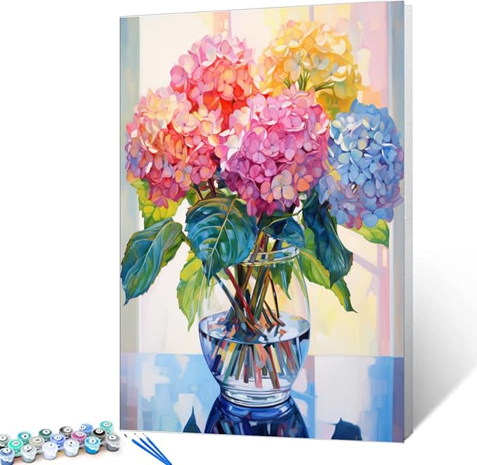 Tucocoo Hydrangea in Glass Vase Window Landscape Paint by Numbers for Adults Beautiful Flower DIY Paint by Numbers Acrylic Paint Canvas Colorful Flowers Painting Kits Art 16x20 Inch（Without Frame）