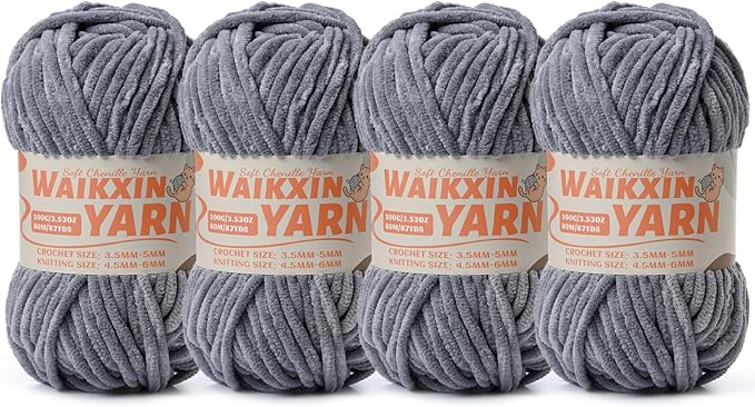 （4 Grey） 4 Pack Super Soft Fuzzy Chenille Chunky Yarn for Crocheting, 400g (350yds) Fluffy Velvet Yarn for Hand Knitting Baby Blankets Weaving Craft
