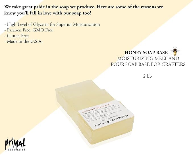 Primal Elements Honey Soap Base - Moisturizing Melt and Pour Glycerin Soap Base for Crafting and Soap Making, Easy to Cut - 5 Pound