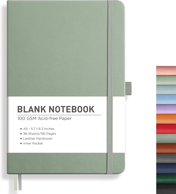 RETTACY Blank Journal Notebook, 192 Pages, A5 Medium Size (5.7'' x 8.3'') | Leather Hardcover, 100 GSM Thick Paper, for Sketching, Drawing, Painting (Sage Green)
