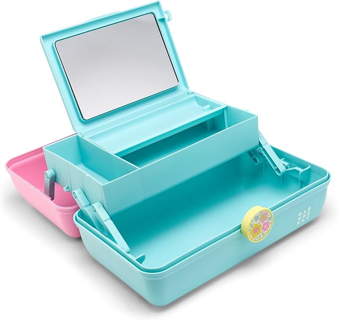 Caboodles On-The-Go Girl Makeup Storage Box 2-Pack, Two-Tone Pink/Light Blue and Lavender/Light Green, Hard Plastic Makeup Organizer Box, Built-In Mirror, Secure Latch for Safe Travel