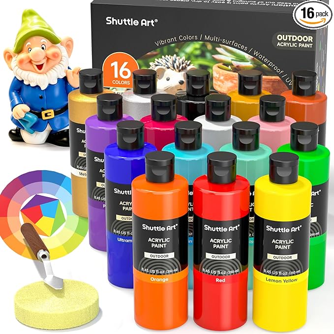 Shuttle Art Outdoor Acrylic Paint Set, 16 Colors Waterproof Paint, 8.45oz Large Bottles, Rich Pigmented Bulk Painting Supplies for Artists, Beginners on Rocks, Wood, Wall, Crafts, Garden Statues