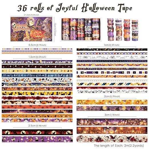 icceemee Halloween Washi Tape Set 36 Rolls, Vintage Pumpkin Ghost Bat Spider Witch Decorative Masking Tape, Holiday Craft Tape for Journaling Scrapbook Gift Wrapping Card Making DIY Crafts