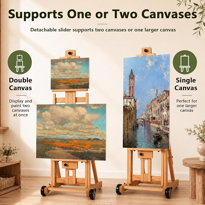 DJAR Large H-Frame Painting Easel for Adults, Solid Beech Wood, Natural | Movable & Tilting Flat Floor Stand, Holds Canvases up to 78", Adjustable Heavy Duty Studio Art Easel for Artists