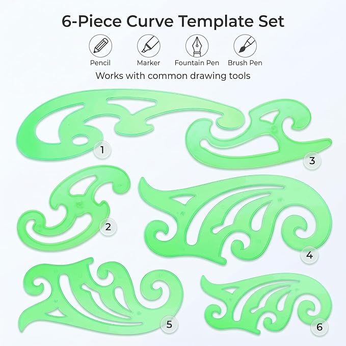 TecUnite 6 Pcs French Curve Ruler Set, Clear Green Plastic Curve Templates for Drawing, Drafting, Sewing Pattern Making, Fashion Design and Art Craft Projects
