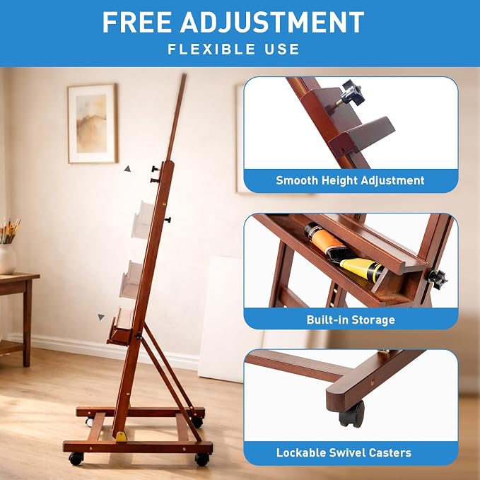 Falling in Art Large H-Frame Studio Artist Easel, Holds up to 51'', Brown