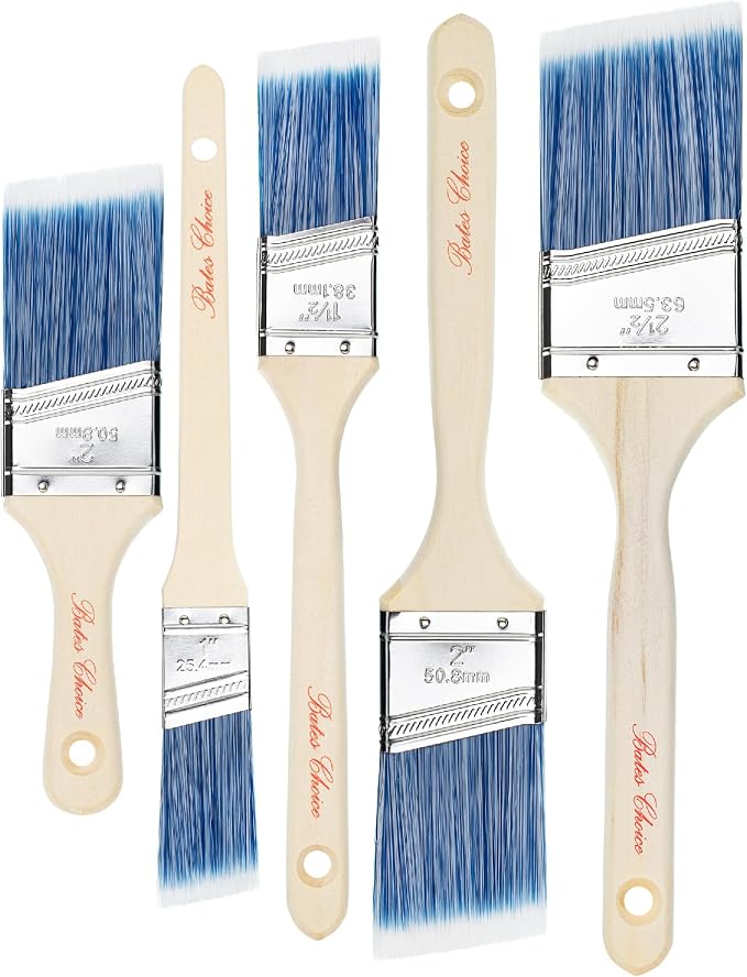 Bates Paint Brush Set - 5 Angled Brushes, 1", "1.5", "2", "2.5" - Treated Wood Handles for Walls, Stain & Furniture