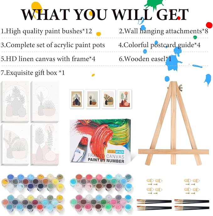 4 Pack Framed Paint by Numbers Kit for Adults Plant with Wooden Easel | With Frame Canvas 8x12 IN, For Adults Beginner, DIY Acrylic Painting Simple, Stress Relief Craft Kits, Home Wall Decor Gift