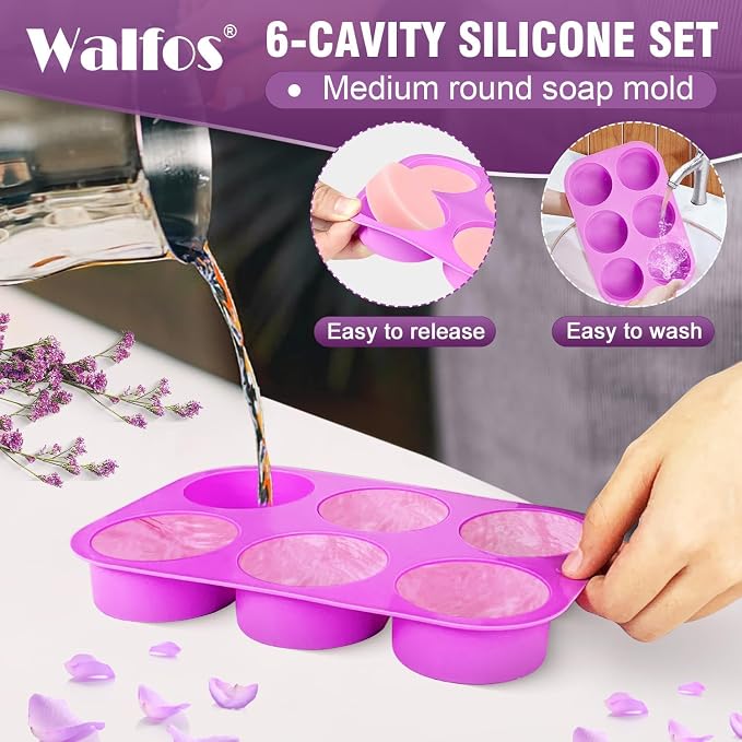 Walfos Round Silicone Soap Molds,Silicone Soap Molds,BPA Free and Non-Stick Circular Soap Mold,Perfect for Soap,Candles,Cookies,Cakes,Candy,Pudding,Jello.Set of 2 (Purple)