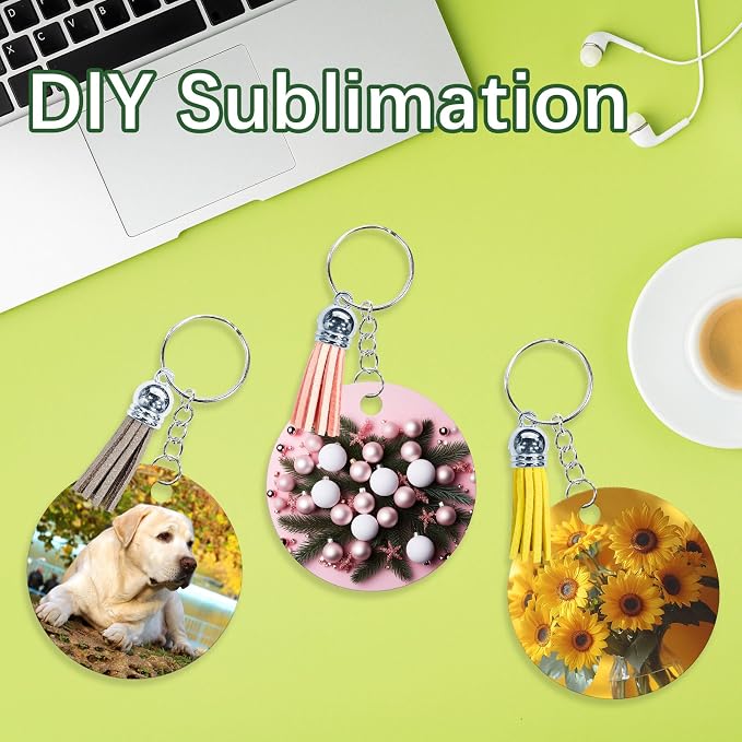 GEKIXUTP 160 Pcs metal Sublimation Keychain Blanks Bulk,Double Sided Sublimation Blanks Keychain Heat Transfer Keychain Blanks with Tassels,Sublimation Ornament Blanks key chain round