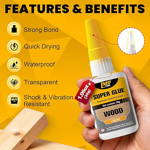 Wood Super Glue Liquid, Clear Instant Cyanoacrylate Adhesive for Wood Crafts Repair Woodworking, All Purpose CA Glue for Shoe Ceramic Plastic Leather Glass Model Metal Pottery Aquarium Porcelain Stone