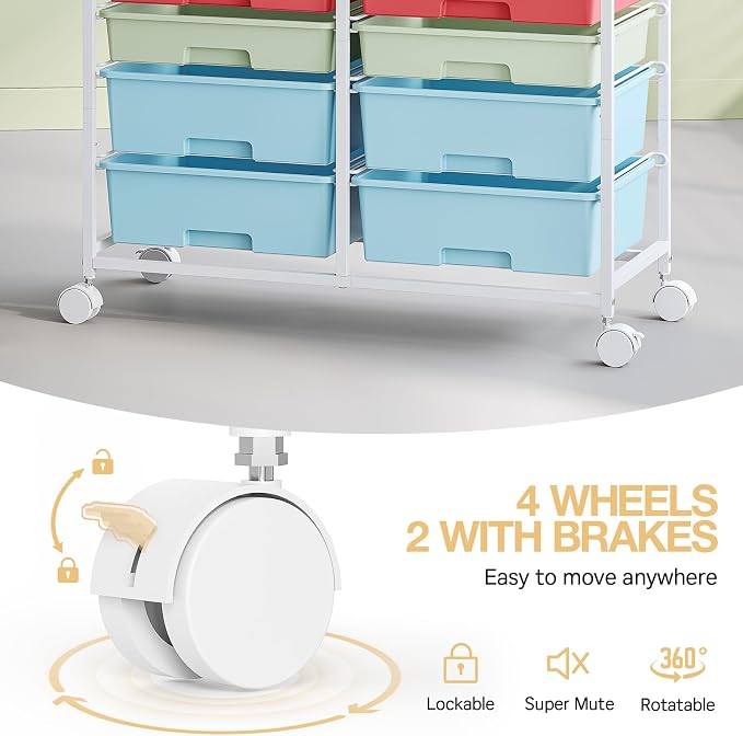 TOOLF 12 Drawers Rolling Storage Cart with Wooden Top for Classroom,Rainbow | Teacher Cart Craft Art Supply Organizer, Utility Cart with Lockable Wheels for Home Household Essentials, Office Organization
