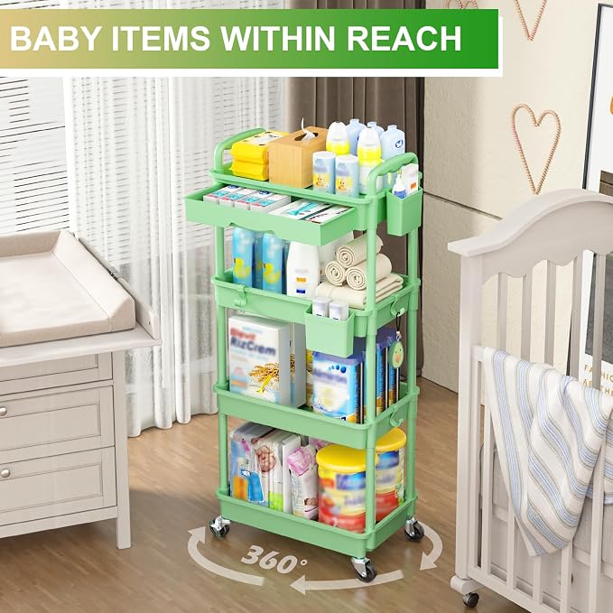 Goovilla 4 Tier Rolling Utility Cart Organizer with Removable Drawer, Green | Stable and Sturdy Rolling Storage Carts with 2 Lockable Wheels for Bathroom, Kitchen, Snack, Craft, Makeup, Baby Essentials