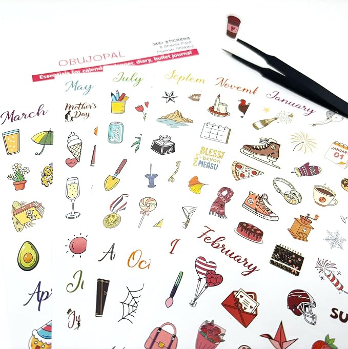 Planner Stickers, 365+ Pcs Daily Weekly Monthly Holiday Seasonal Calendar Stickers for Bullet Journal Scrapbook Diary Notebook Envelope