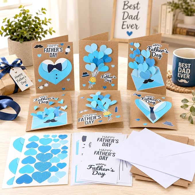 Yomjress 24 Sets Father's Day DIY Card Making Kit 3D Heart Tie Trophy Greeting Cards with Envelope Stickers Fathers Day DIY Card Crafts for Gifts Exchange Best Dad Daddy Papa Party Favors
