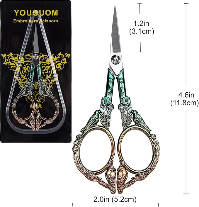 YOUGUOM Precision Embroidery Scissors, Sharp Sewing Scissors | Small, Pointed Tip, for DIY Craft, Cross Stitch, Needlework, Artwork, Knitting, Threading Tools, 4.6in, Green, Cute Bird