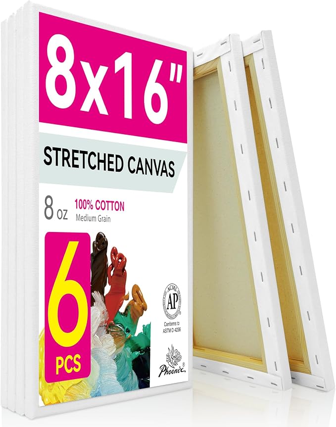PHOENIX Long Stretched Canvas for Painting 8x16 Inch/6 Value Pack, 8 Oz Triple Primed 5/8 Inch Profile 100% Cotton White Blank Canvas, Rectangular Framed Canvas for Oil Acrylic & Pouring Art