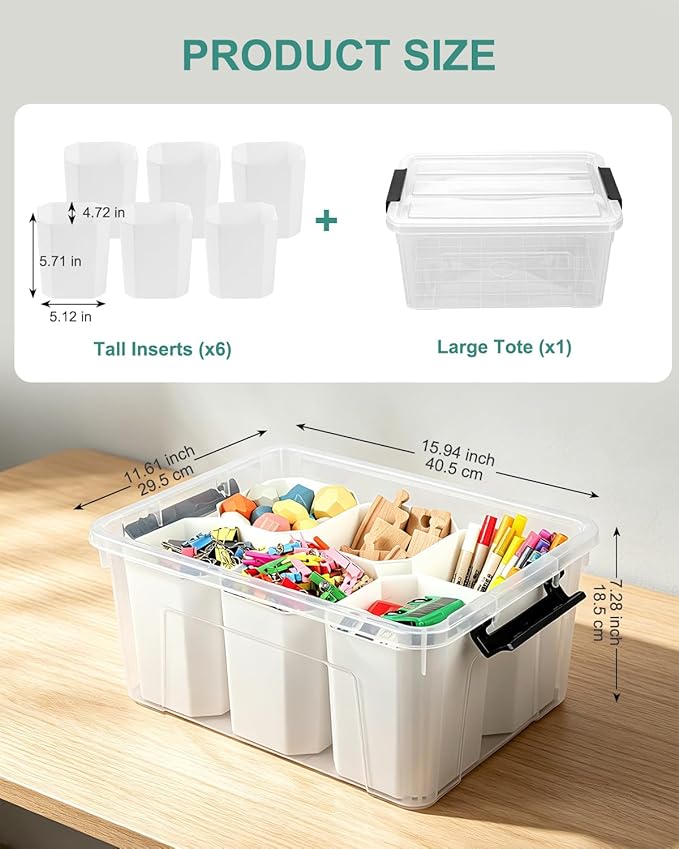 EOENVIVS Clear Storage Bins with 6 Tall Inserts, Stackable craft organizers and storage Box, Plastic Storage Totes with Lids and Handles for Crafts, Jewelry & Sewing, Art Supplies, Markers, Pens