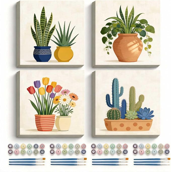 Amphol Framed Paint by Numbers Kit for Adults Beginners - 4 Pack 10”x10” Easy Plant Potted Paint by Number on Framed Canvas, DIY Small Frame Painting Arts with Acrylic Paints for Home Wall Decor Gift