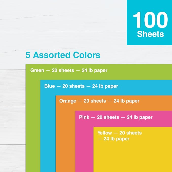 Printworks Neon Colored Paper, 24 lb, 5 Assorted Florescent Colors, FSC Certified, 100 Sheets, 8.5 x 11 Inch (00579), Single (Pack of 6)