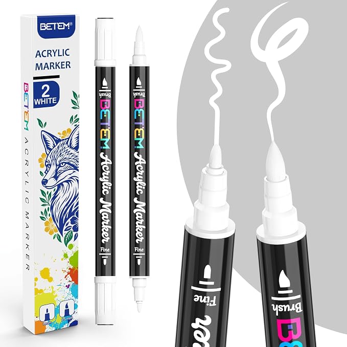 Betem 2 White Paint Markers for Glass, Dual Tip Acrylic Paint Pens | Window, Fabric, Wood, Rock, Canvas, Acrylic Markers with Fine & Brush Tip, Art & Craft Supplies, Wine Glass Markers