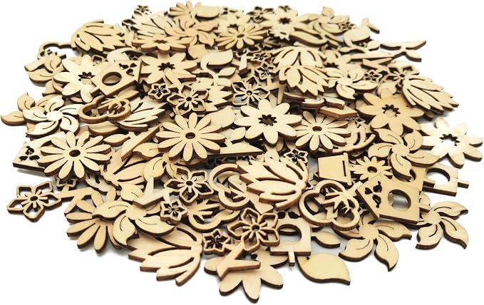 DIYOMR 200Pcs Unfinished Wood Pieces Hollow Wooden Art Decor, Vintage Embellishments Decorative Accessories for Scrapbooking Crafts DIY Home Decor (Plant & Flowers)