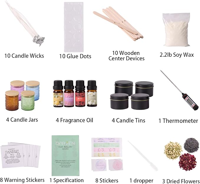 DARJEN Candle Making Kit for Adults, 8 Jars & Tins Soy Wax Scented DIY Set | 100% Soy Wax, 10oz Glass Jars, 4oz Tins, Cotton Wicks, Pleasant Scents, Instruction& More- Perfect as Home Decorations
